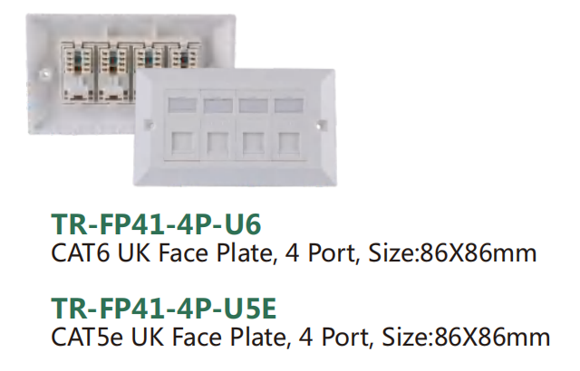 CAT6 UK Face Plate, 4 Port, Size:86X86mm/CAT5e UK Face Plate, 4 Port, Size:86X86mm