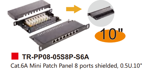 Cat.6A Mini Patch Panel 8 ports shielded, 0.5U.10