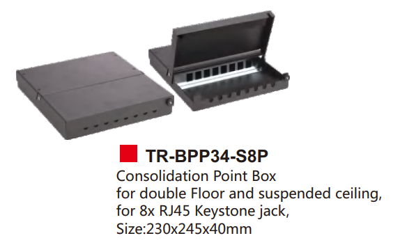 Consolidation Point Box for double Floor and suspended ceiling, for 8x RJ45 Keystone jack,  Size:230