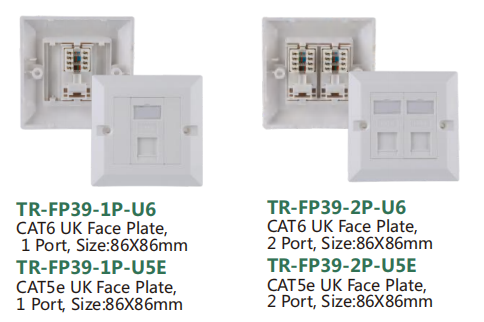 CAT5e UK Face Plate,  2 Port, Size:86X86mm