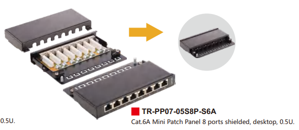 Cat.6A Mini Patch Panel 8 ports shielded, desktop, 0.5U.