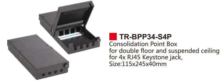 Consolidation Point Box for double floor and suspended ceiling for 4x RJ45 Keystone jack,  Size:115x